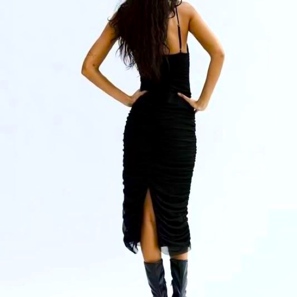 Black Ruched Midi Dress with Back Slit